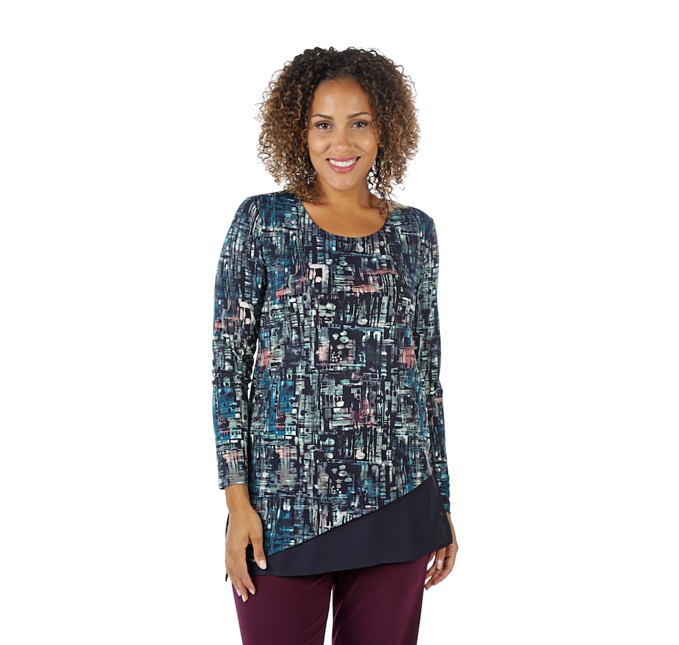 Image 401376_NAVYO.jpg , Product 401-376 / Price $15.33 , Nina Leonard Scoop Neck Long Sleeve Printed MJ Angled Hem Tunic from Nina Leonard on TSC.ca's Fashion department