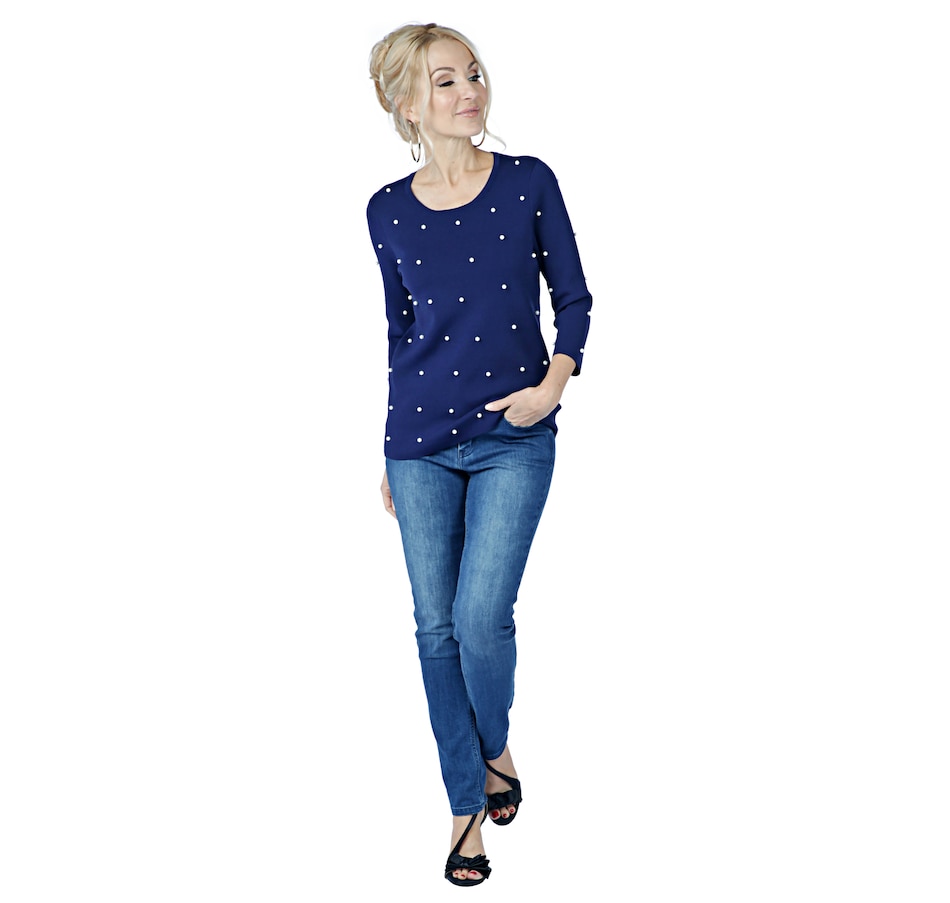 Image 402037_NVY.jpg , Product 402-037 / Price $110.00 , Brian Bailey 3/4 Sleeve Pearl Sweater from Brian Bailey Fashions on TSC.ca's Fashion department