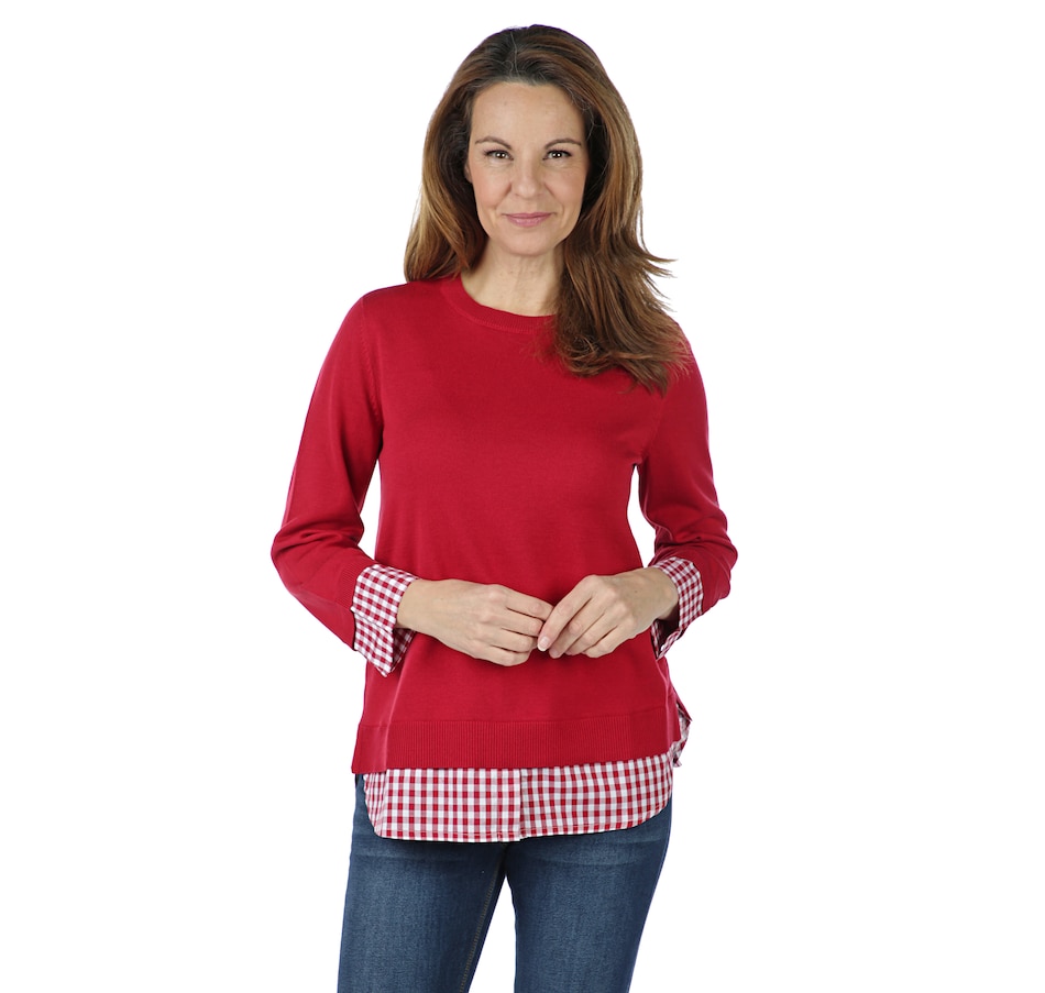 Image 402158_RED.jpg , Product 402-158 / Price $39.33 , Joan Rivers Classics Collection 3/4 Sleeve Gingham Peekaboo Sweater from Joan Rivers Fashion on TSC.ca's Fashion department