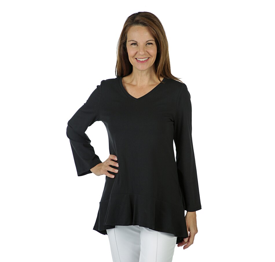 Image 402693_JTBK.jpg , Product 402-693 / Price $19.33 , Isaac Mizrahi Live! Rounded V-Neck Top with Ruffle Hem from Isaac Mizrahi Fashion on TSC.ca's Fashion department
