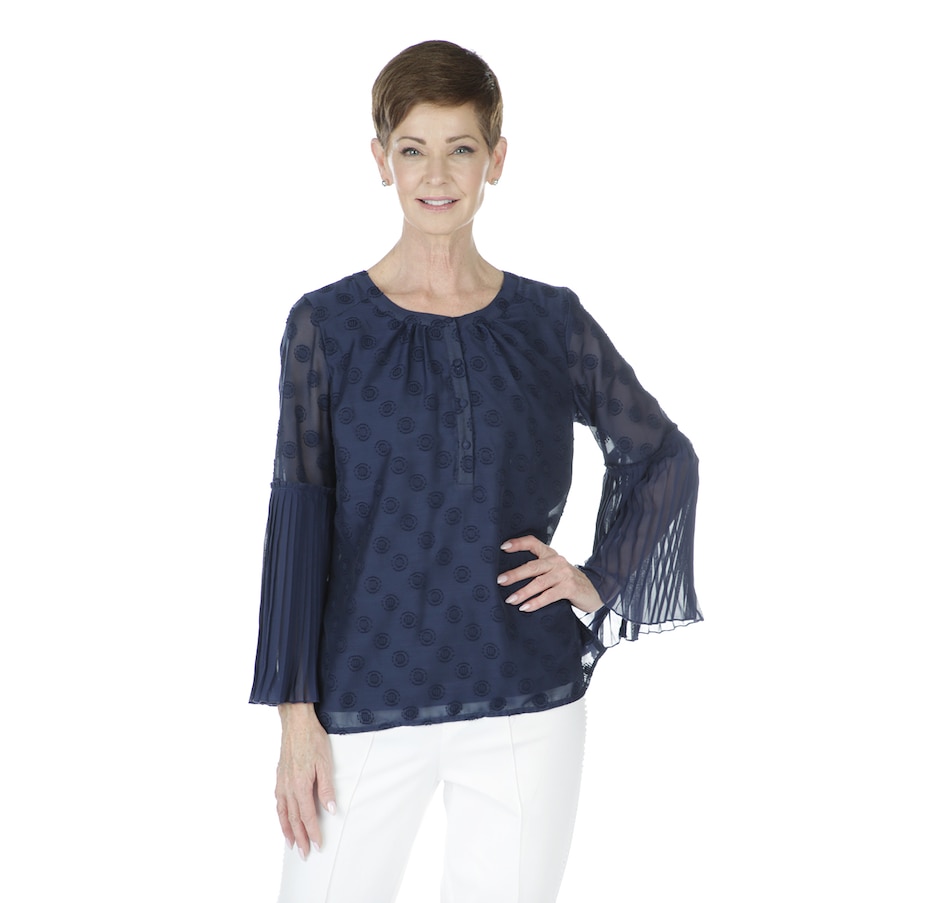 Image 402697_DNA.jpg , Product 402-697 / Price $24.33 , Isaac Mizrahi Live! Oversized Clipped Dot Blouse with Sleeve Detail from Isaac Mizrahi Fashion on TSC.ca's Fashion department