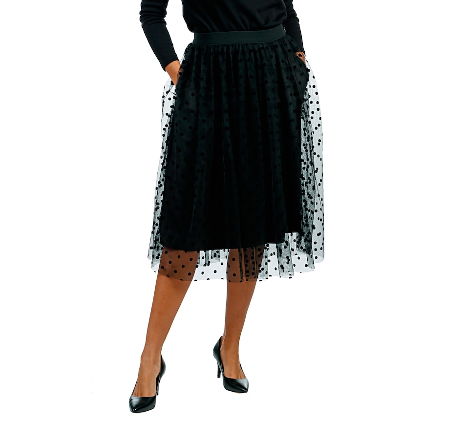 Image 407132_BLK.jpg , Product 407-132 / Price $59.88 , Isaac Mizrahi Live! Shirred Flocked Velvet Dot Tulle Skirt from Isaac Mizrahi Live! on TSC.ca's Fashion department