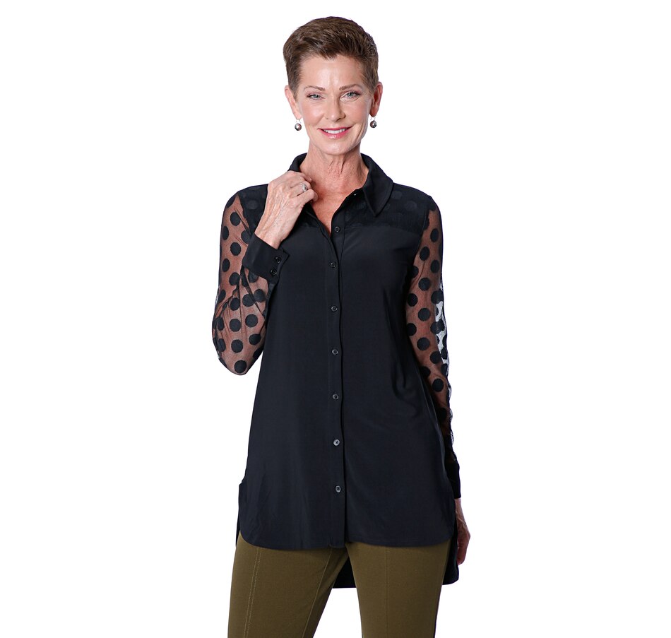 Image 409243_BLK.jpg , Product 409-243 / Price $69.99 , Nina Leonard High Low Hem Long Sleeve Shirt with Dot Mesh Yoke & Unlined Sleeve from Nina Leonard on TSC.ca's Fashion department