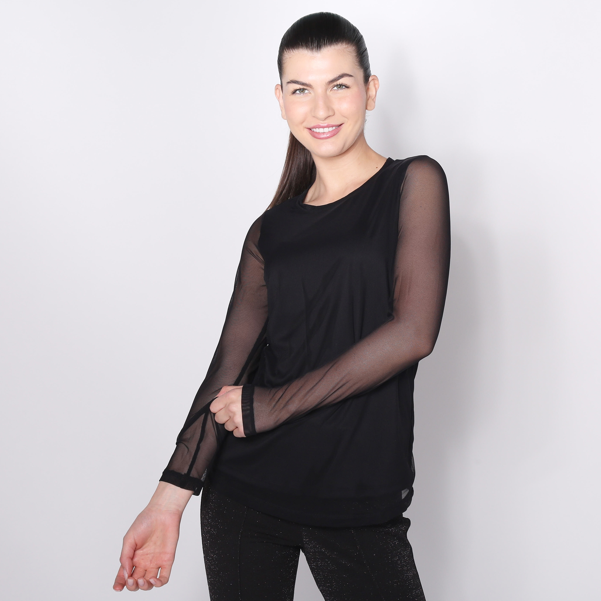 Nina Leonard Round Neck Long Sleeve Soft Mesh Top - TSC.ca