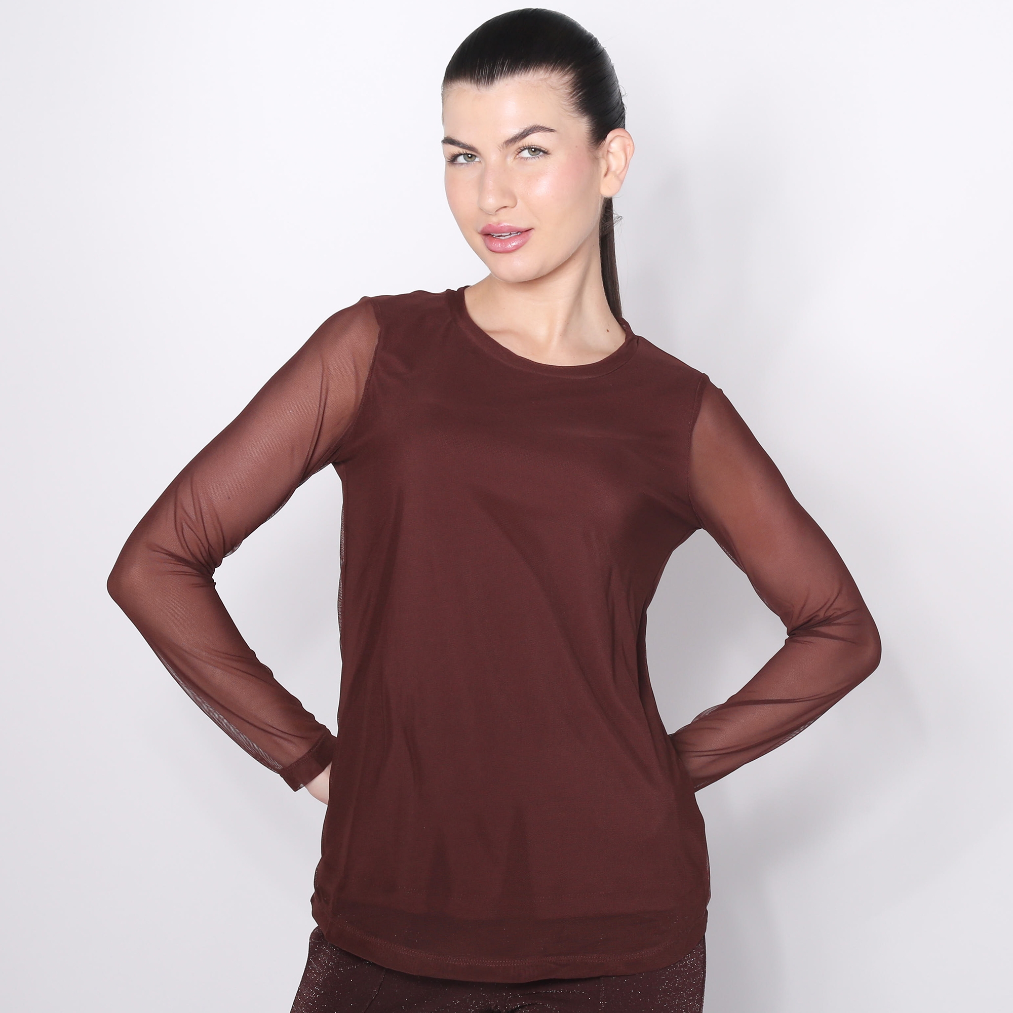 Nina Leonard Round Neck Long Sleeve Soft Mesh Top - TSC.ca