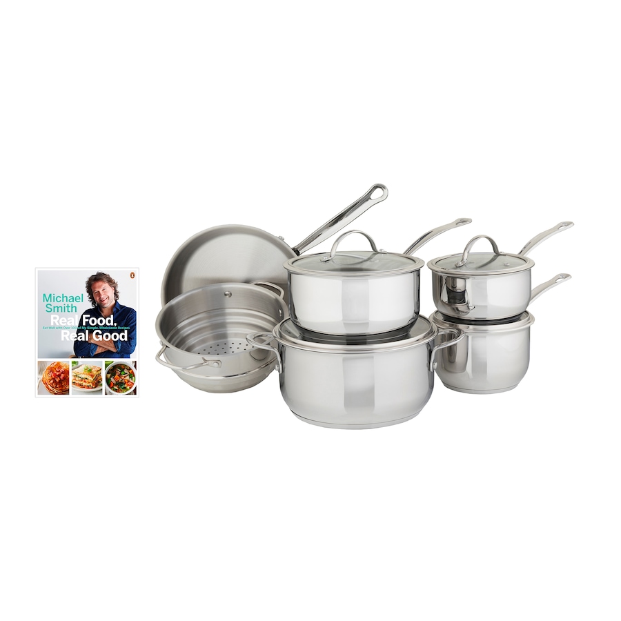 Image 490161.jpg, Product 490-161 / Price $199.88, Meyer Nouvelle Stainless Steel 10-Piece Cookware Set with Bonus Autographed Chef Michael Smith Cookbook from Meyer on TSC.ca's Kitchen department