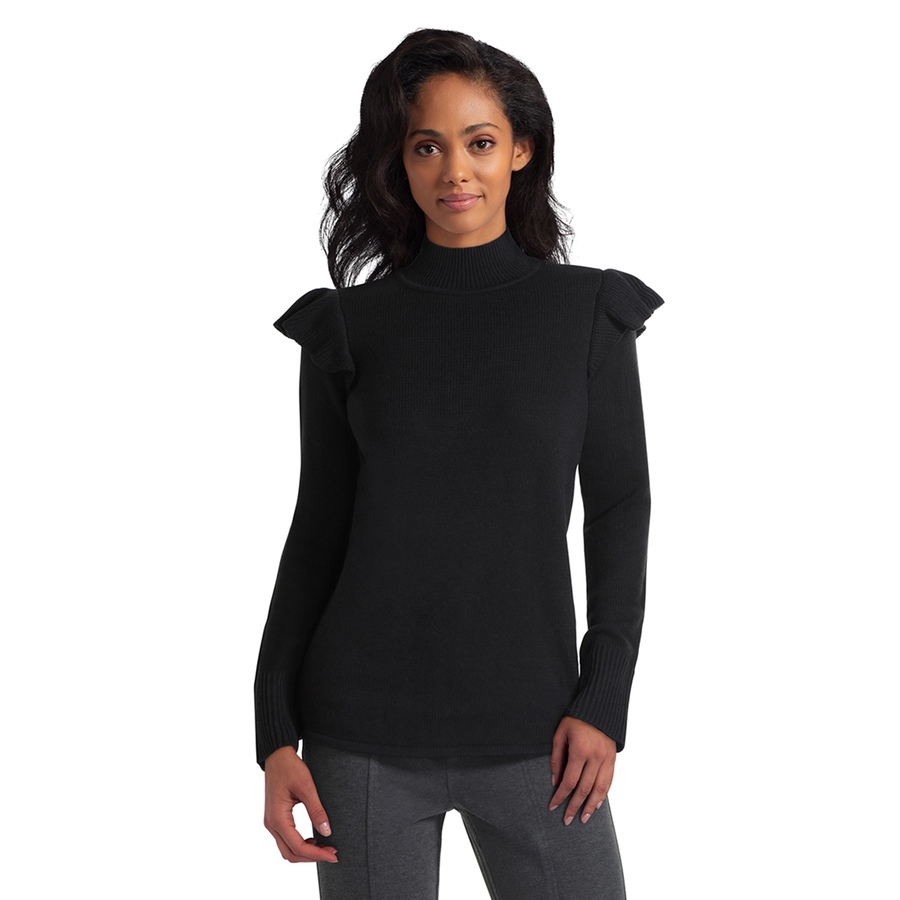 Image 490385_BLK.jpg, Product 490-385 / Price $14.33, Isaac Mizrahi New York Cotton Blend Ruffle Shoulder Mock Neck Sweater from Isaac Mizrahi New York on TSC.ca's Fashion department