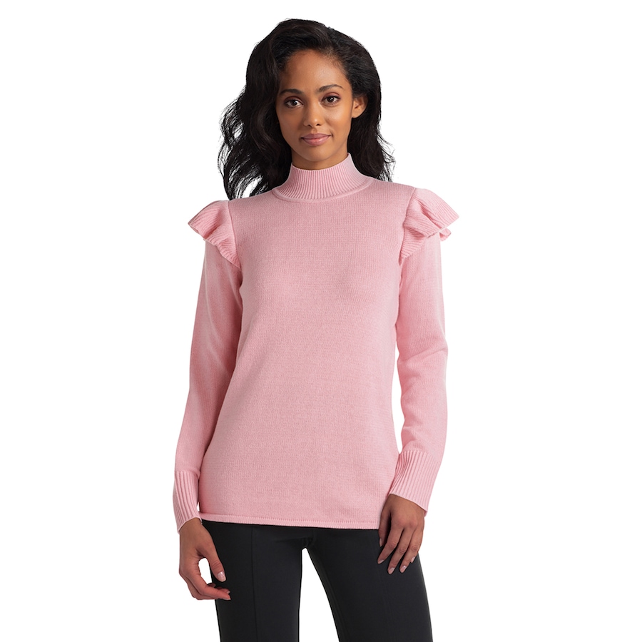 Image 490385_BUH.jpg, Product 490-385 / Price $14.33, Isaac Mizrahi New York Cotton Blend Ruffle Shoulder Mock Neck Sweater from Isaac Mizrahi New York on TSC.ca's Fashion department