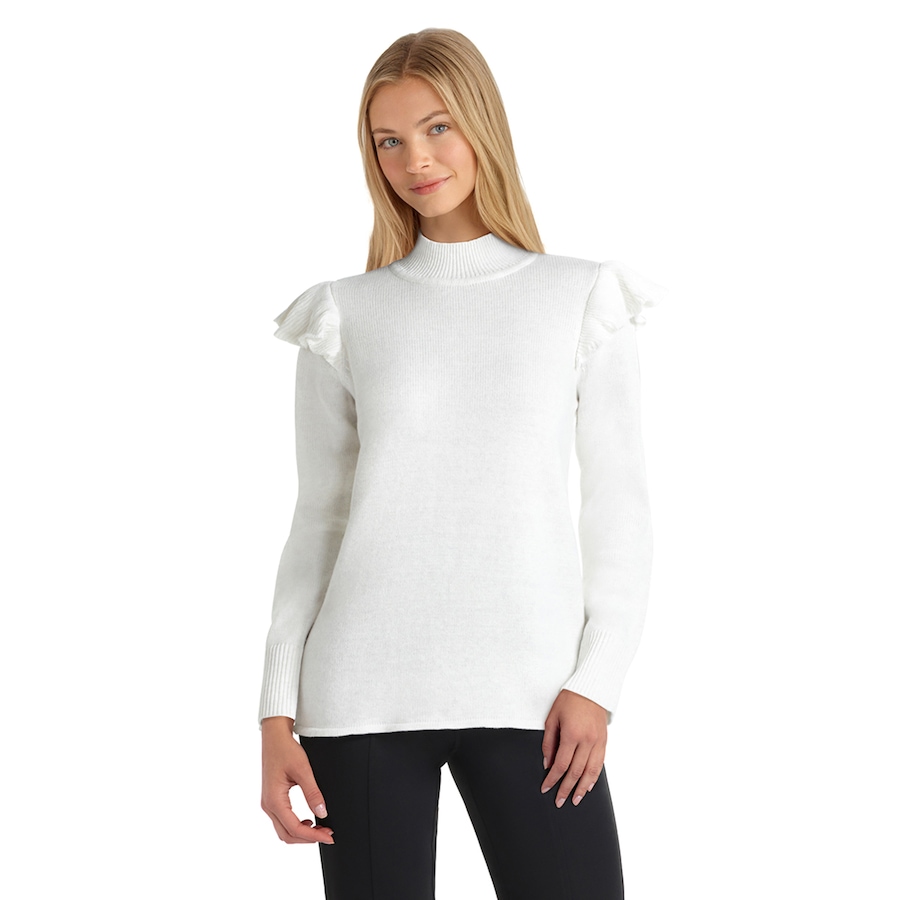 Image 490385_HTPTM.jpg, Product 490-385 / Price $14.33, Isaac Mizrahi New York Cotton Blend Ruffle Shoulder Mock Neck Sweater from Isaac Mizrahi New York on TSC.ca's Fashion department