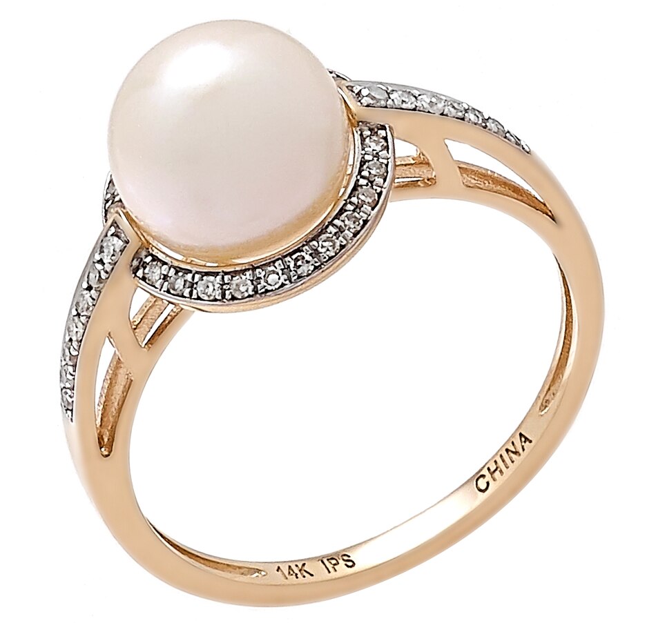 tsc.ca Imperial Pearls 14K Yellow Gold 8.59mm Freshwater Cultured Pearl & Halo Diamond Ring