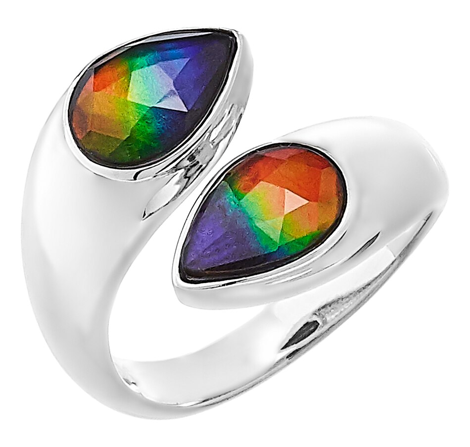 Image 491058.jpg, Product 491-058 / Price $495.00, Canadian Ammolite Gems Sterling Silver 2 Stone Pear Shape Ammolite Ring from Canadian Ammolite Gems on TSC.ca's Jewellery department