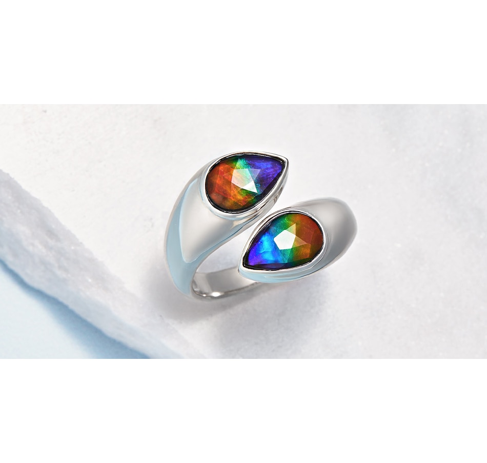 Image 491058_ALTMORE200.jpg, Product 491-058 / Price $495.00, Canadian Ammolite Gems Sterling Silver 2 Stone Pear Shape Ammolite Ring from Canadian Ammolite Gems on TSC.ca's Jewellery department