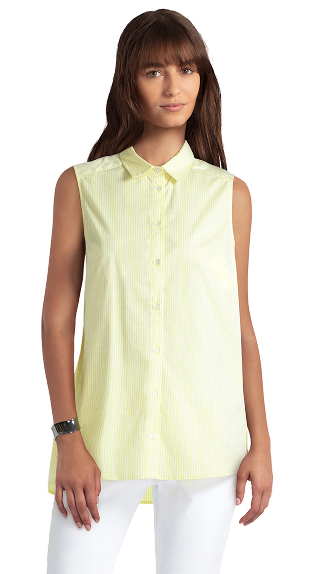 yellow sleeveless button down shirt