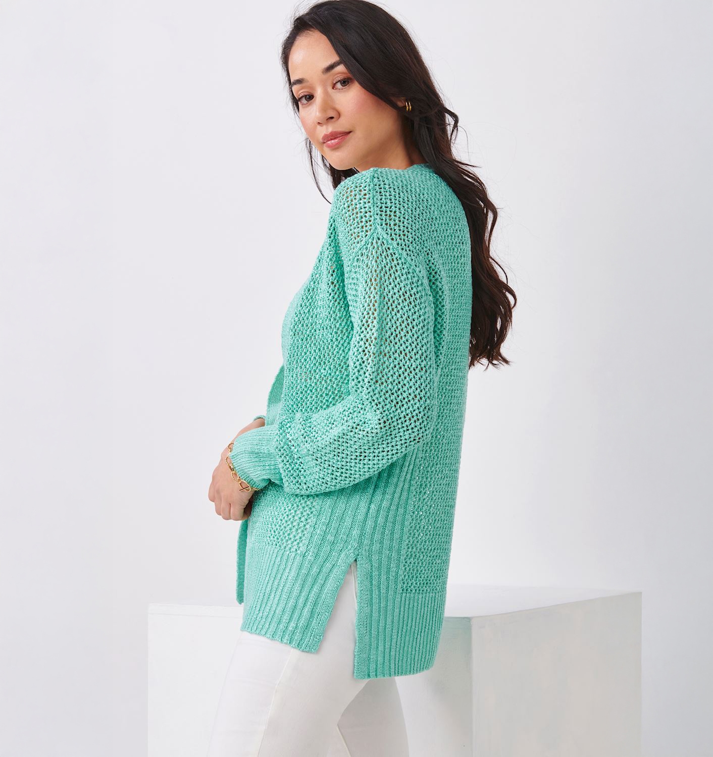 Charlie Paige Long Sleeve V-neck Mesh Cardigan - TSC.ca