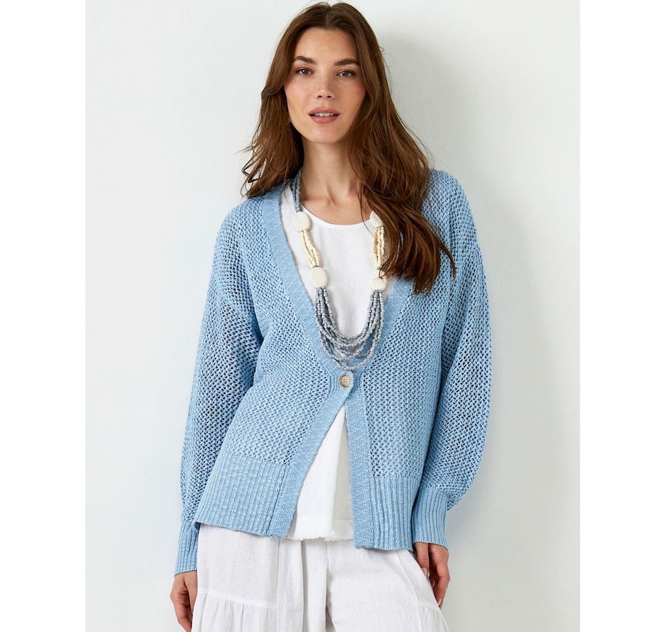 Image 505145_BLU.jpg, Product 505-145 / Price $54.88, Charlie Paige Long Sleeve V-neck Mesh Cardigan from Charlie Paige on TSC.ca's Fashion department