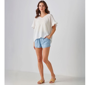 Charlie Paige Cotton Ruffle Short Sleeve V-Neck Top