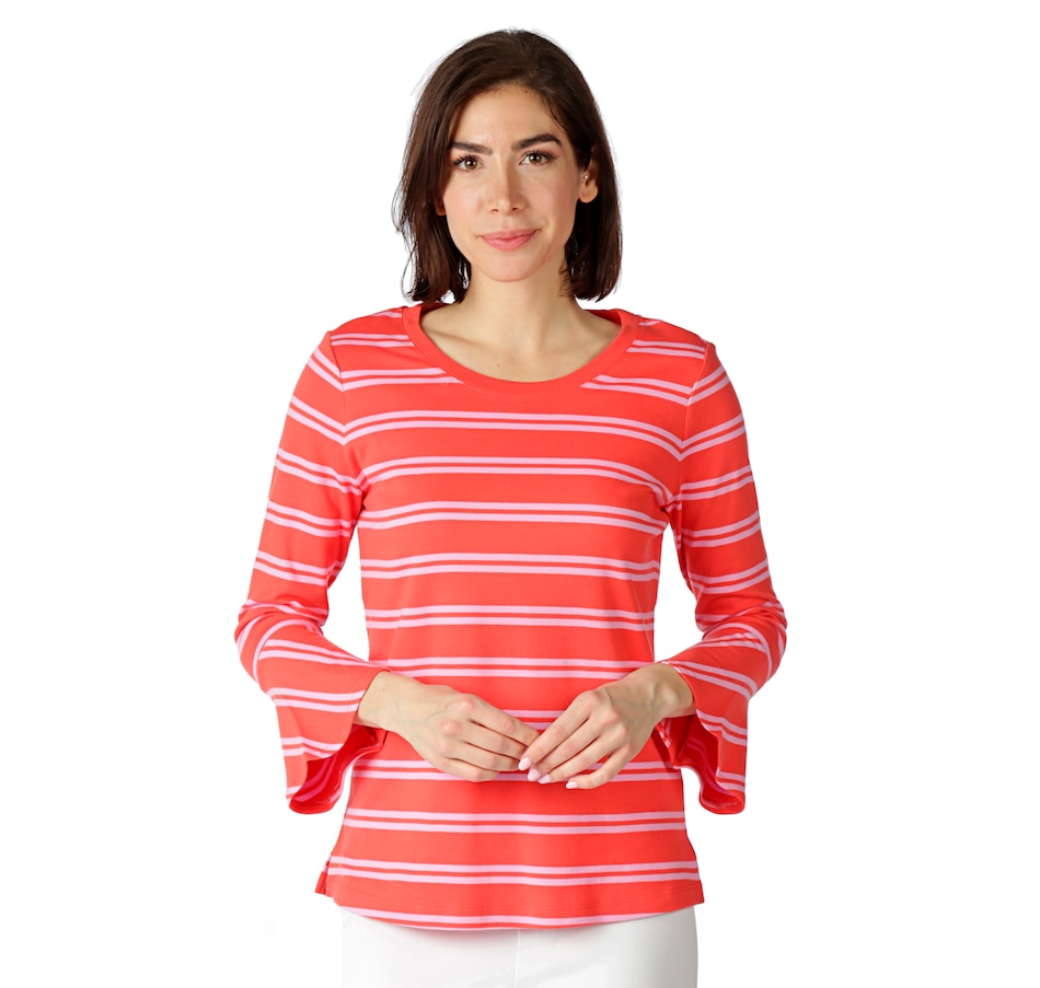 Image 522571_SNCRL.jpg , Product 522-571 / Price $19.33 , Isaac Mizrahi Live! Crew Neck Bell Sleeve Top with Stripes from Isaac Mizrahi Fashion on TSC.ca's Fashion department