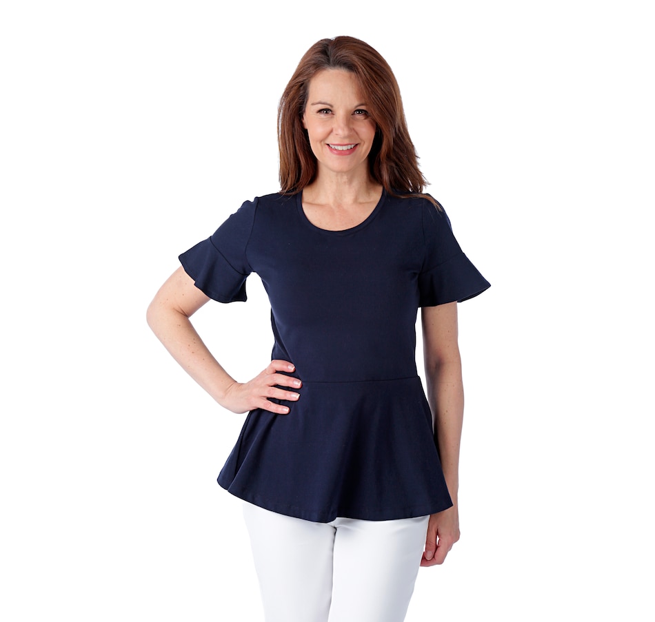 Image 523066_DNA.jpg , Product 523-066 / Price $24.33 , Isaac Mizrahi Live! Ruffle Sleeve Peplum Tee from Isaac Mizrahi Fashion on TSC.ca's Fashion department