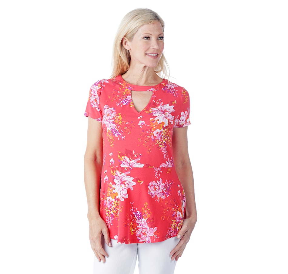 Image 524604_TPRED.jpg, Product 524-604 / Price $15.33, Isaac Mizrahi Live! Printed Keyhole Peplum Tee from Isaac Mizrahi New York on TSC.ca's Fashion department