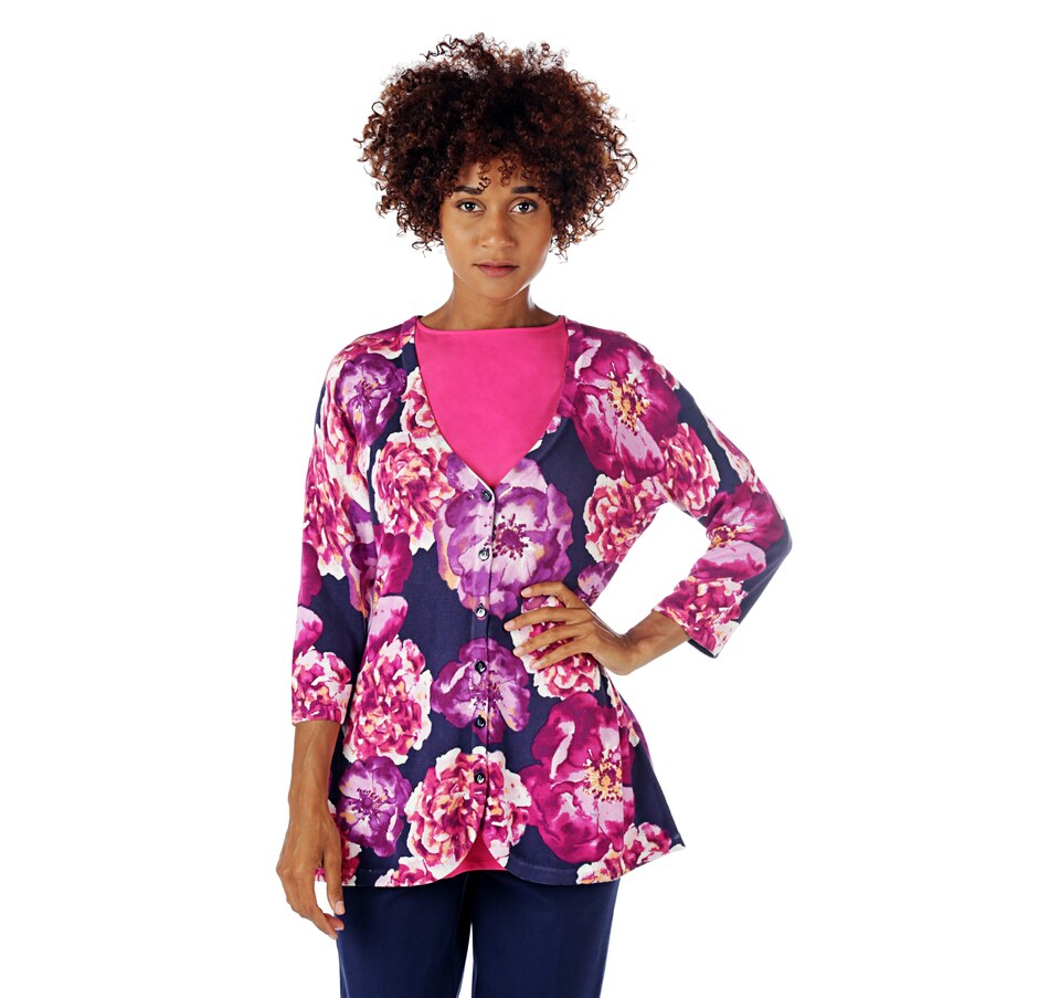 Image 524760_BRY.jpg , Product 524-760 / Price $24.33 , Isaac Mizrahi Live! 3/4 Sleeve Floral Printed Curved Hem Cardigan from Isaac Mizrahi Fashion on TSC.ca's Fashion department