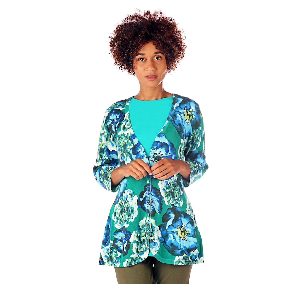 Image 524760_GRN.jpg , Product 524-760 / Price $15.33 , Isaac Mizrahi Live! 3/4 Sleeve Floral Printed Curved Hem Cardigan from Isaac Mizrahi Fashion on TSC.ca's Fashion department
