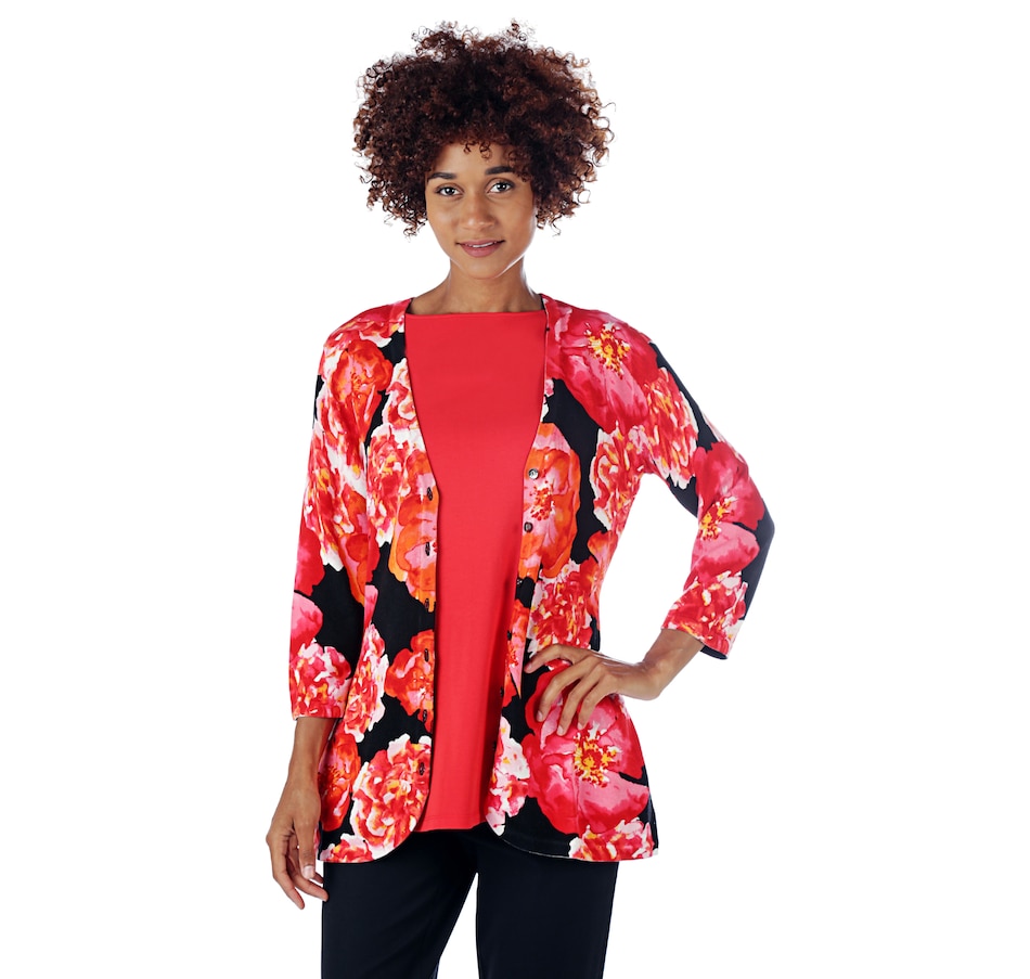 Image 524760_RED.jpg , Product 524-760 / Price $15.33 , Isaac Mizrahi Live! 3/4 Sleeve Floral Printed Curved Hem Cardigan from Isaac Mizrahi Fashion on TSC.ca's Fashion department