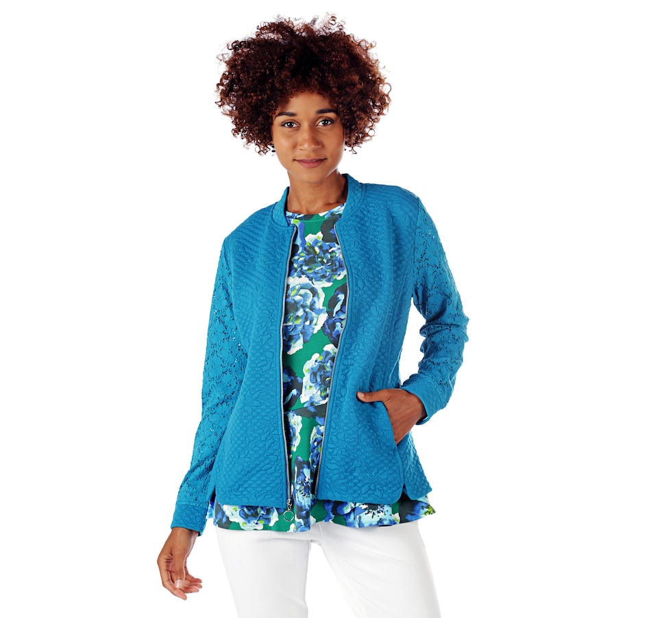 Image 524766_SURBL.jpg , Product 524-766 / Price $24.33 , Isaac Mizrahi Live! Knit Jacket with Lace Sleeve from Isaac Mizrahi Fashion on TSC.ca's Fashion department