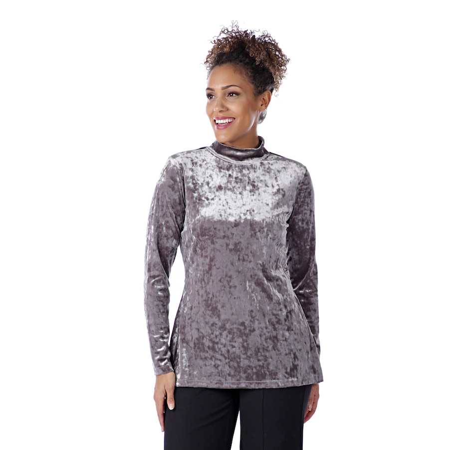 Image 526526_SHGRY.jpg , Product 526-526 / Price $29.88 , Isaac Mizrahi Live! Crushed Velvet Mock Neck With Peplum Back from Isaac Mizrahi Live! on TSC.ca's Fashion department