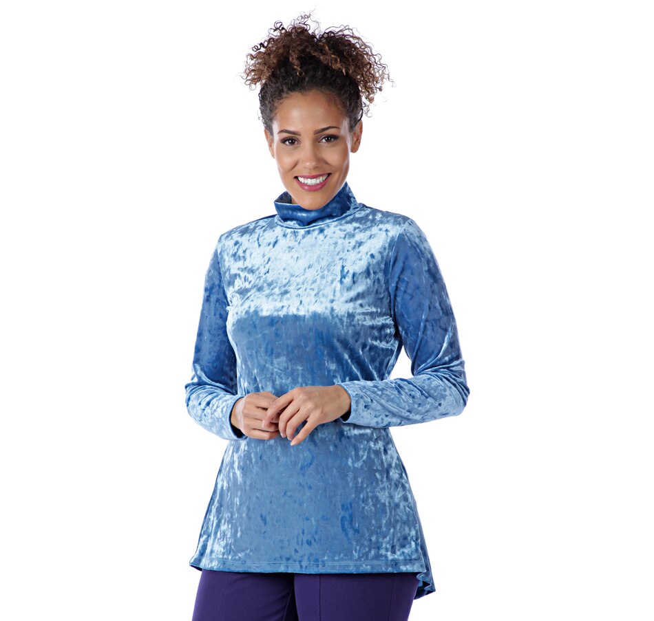 Image 526526_TB.jpg , Product 526-526 / Price $31.88 , Isaac Mizrahi Live! Crushed Velvet Mock Neck With Peplum Back from Isaac Mizrahi Live! on TSC.ca's Fashion department