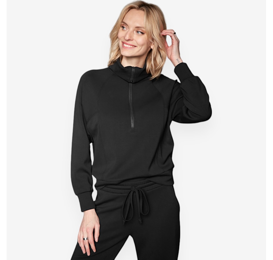 Image 526780_BLK.jpg, Product 526-780 / Price $74.99, Isaac Mizrahi Soft Luxe Soho Pullover Zip Mock Neck Sweatshirt from Isaac Mizrahi New York on TSC.ca's Clothing & Shoes department