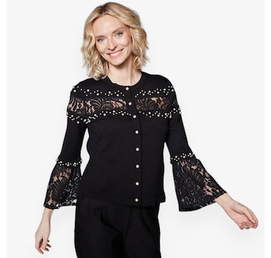 Isaac Mizrahi Lace and Pearl Fine Knit Cardigan