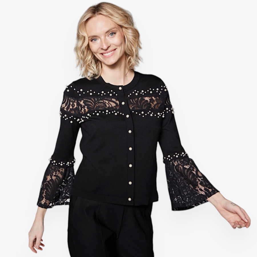 Image 526789_BLK.jpg, Product 526-789 / Price $49.33, Isaac Mizrahi Lace and Pearl Fine Knit Cardigan from Isaac Mizrahi New York on TSC.ca's Fashion department