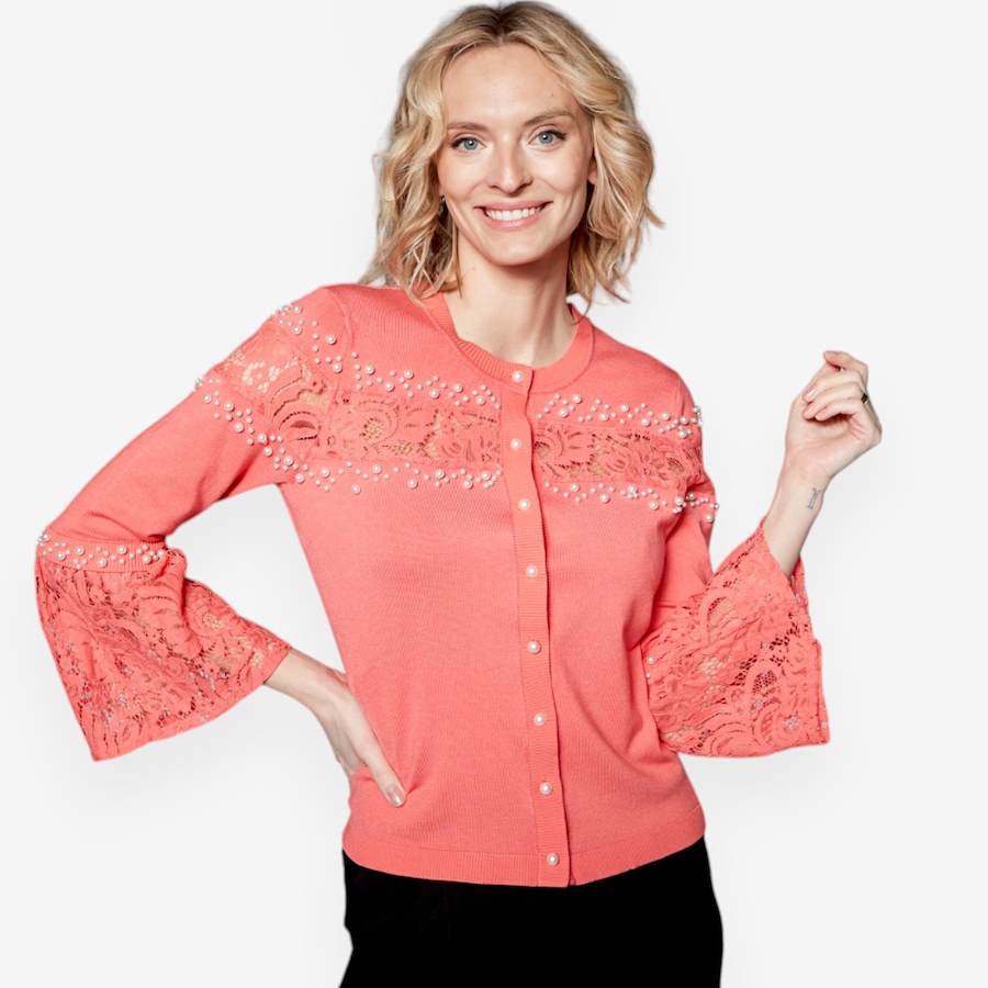 Image 526789_CRL.jpg, Product 526-789 / Price $49.33, Isaac Mizrahi Lace and Pearl Fine Knit Cardigan from Isaac Mizrahi New York on TSC.ca's Fashion department