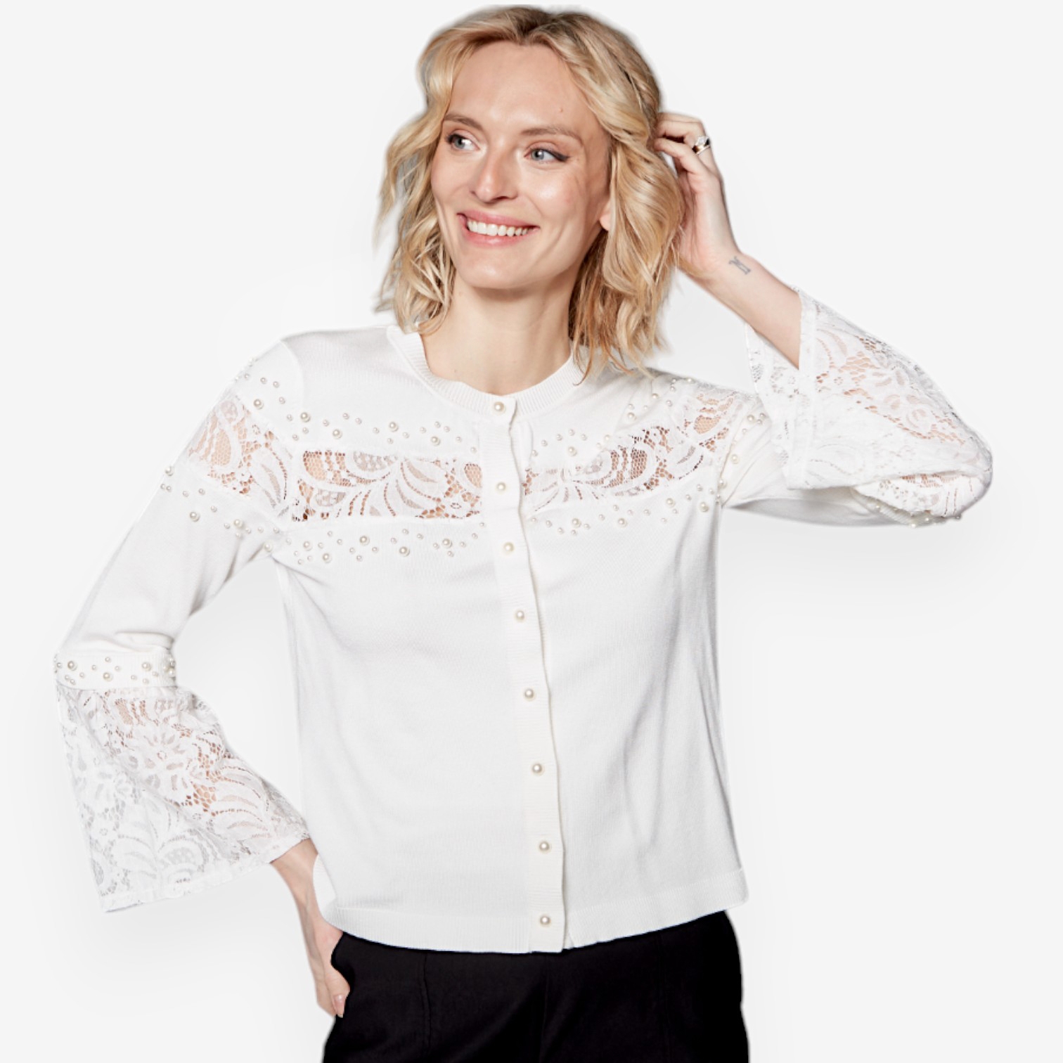 Isaac Mizrahi Lace and Pearl Fine Knit Cardigan - TSC.ca