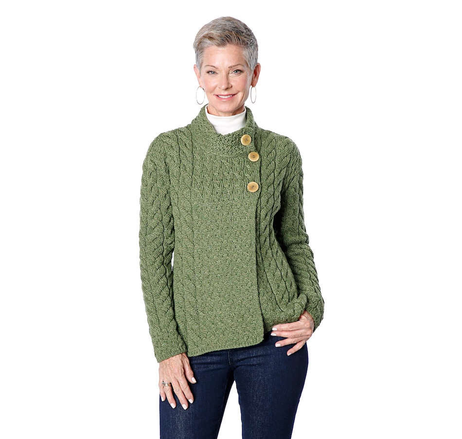 Image 527779_MEDGN.jpg, Product 527-779 / Price $59.33, Aran Woollen Mills Supersoft Merino Asymmetric 2-Button Cardigan from Aran Woollen Mills on TSC.ca's Fashion department