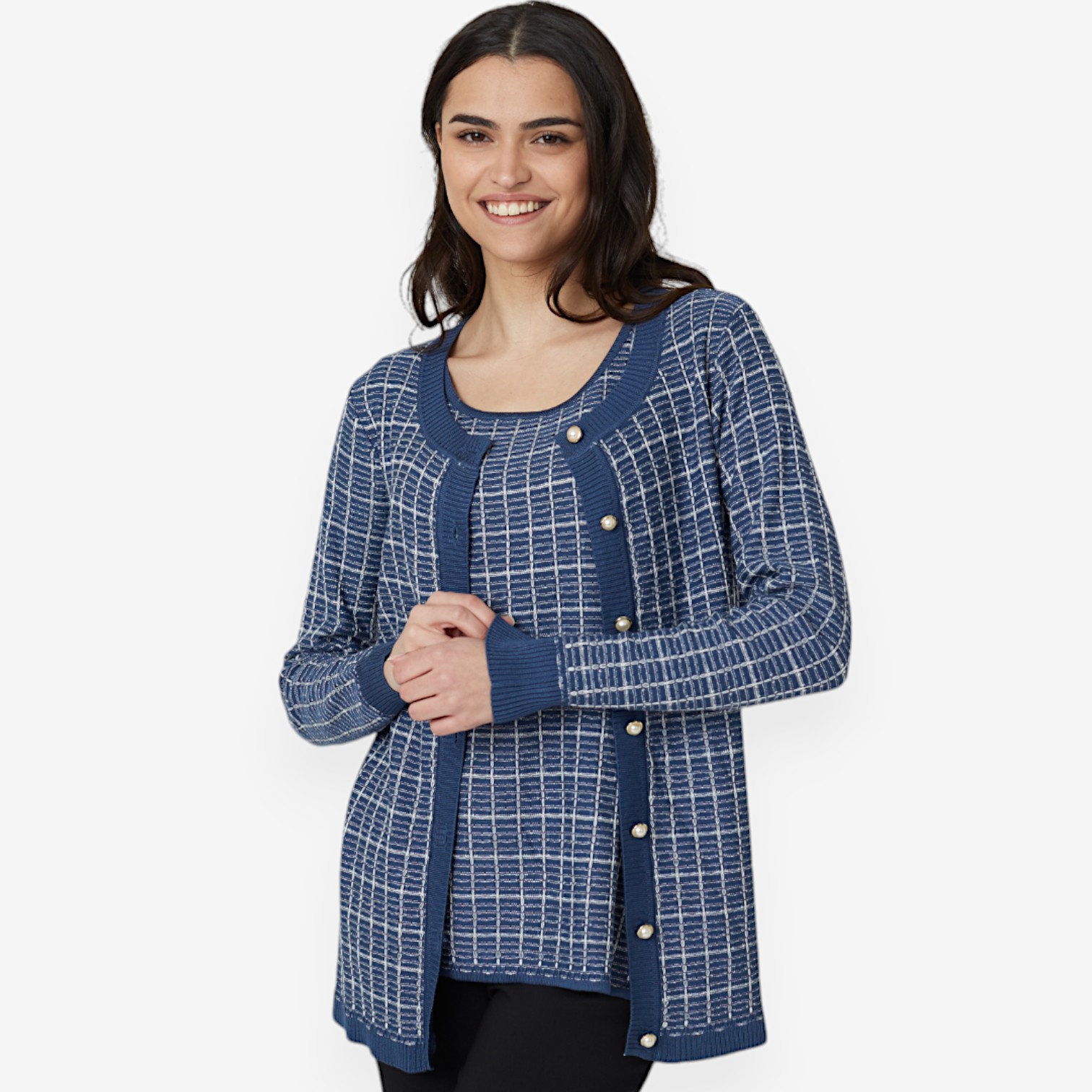 Nina Leonard Scoop Neck Plaid Knit Cardigan Set (2-pieces) - TSC.ca
