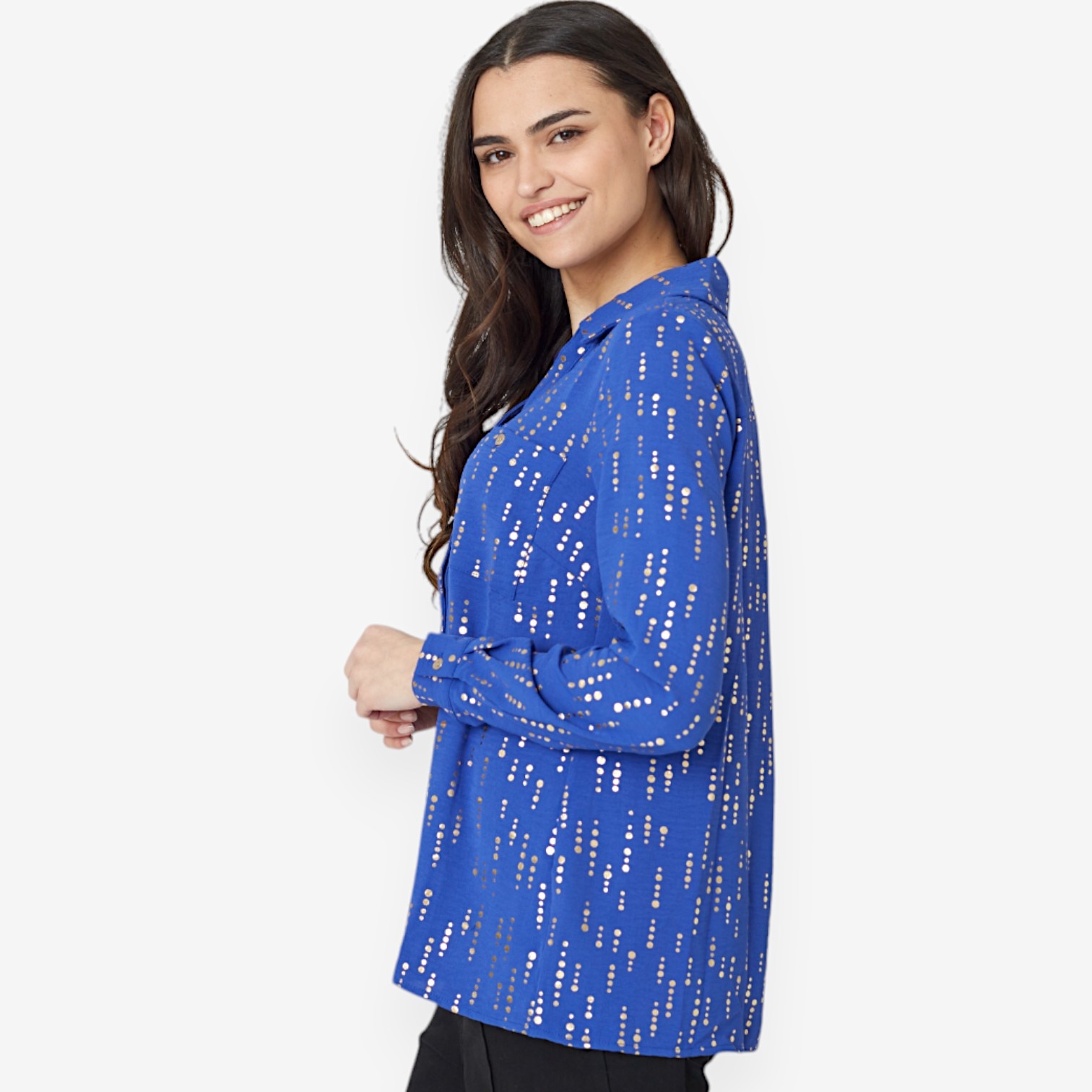 Nina Leonard Collared Button Front Foiled Textured Wave
