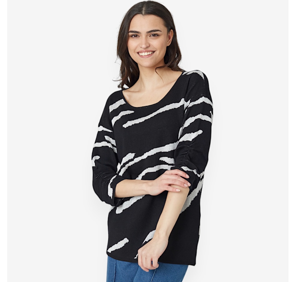 Image 528866_BLK.jpg, Product 528-866 / Price $24.33, Nina Leonard Shirred 3/4 Sleeve Jewel Neck Jacquard Sweater from Nina Leonard on TSC.ca's Fashion department