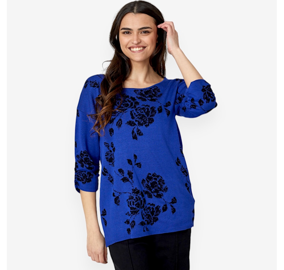 Image 528866_BRBLT.jpg, Product 528-866 / Price $24.33, Nina Leonard Shirred 3/4 Sleeve Jewel Neck Jacquard Sweater from Nina Leonard on TSC.ca's Fashion department