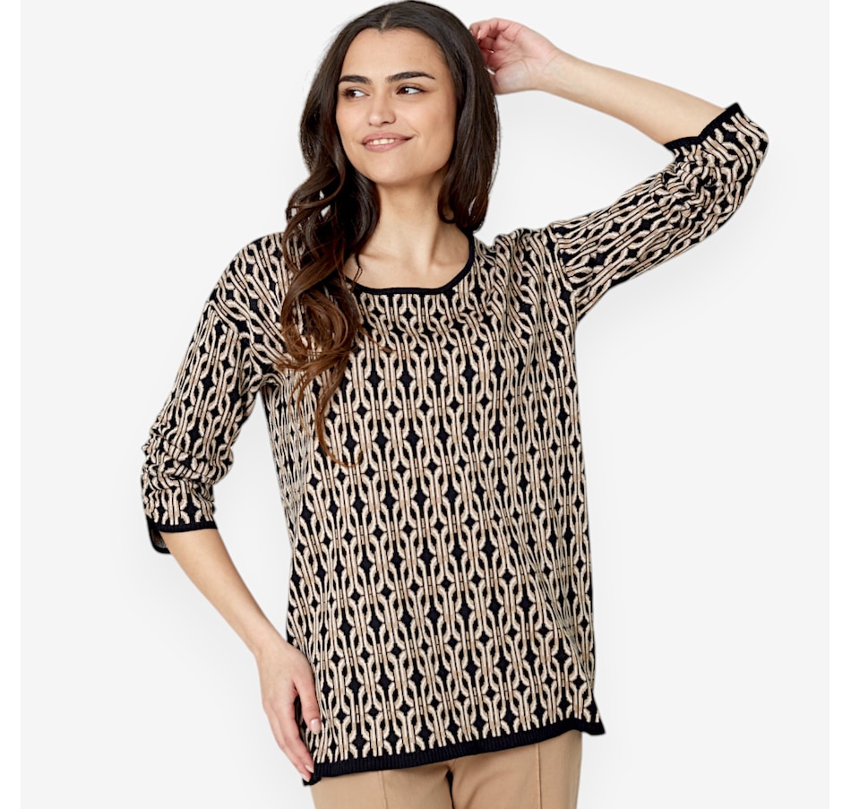 Image 528866_NTMU.jpg, Product 528-866 / Price $24.33, Nina Leonard Shirred 3/4 Sleeve Jewel Neck Jacquard Sweater from Nina Leonard on TSC.ca's Fashion department