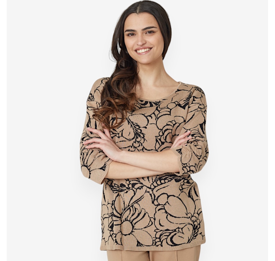 Image 528866_TN.jpg, Product 528-866 / Price $24.33, Nina Leonard Shirred 3/4 Sleeve Jewel Neck Jacquard Sweater from Nina Leonard on TSC.ca's Fashion department