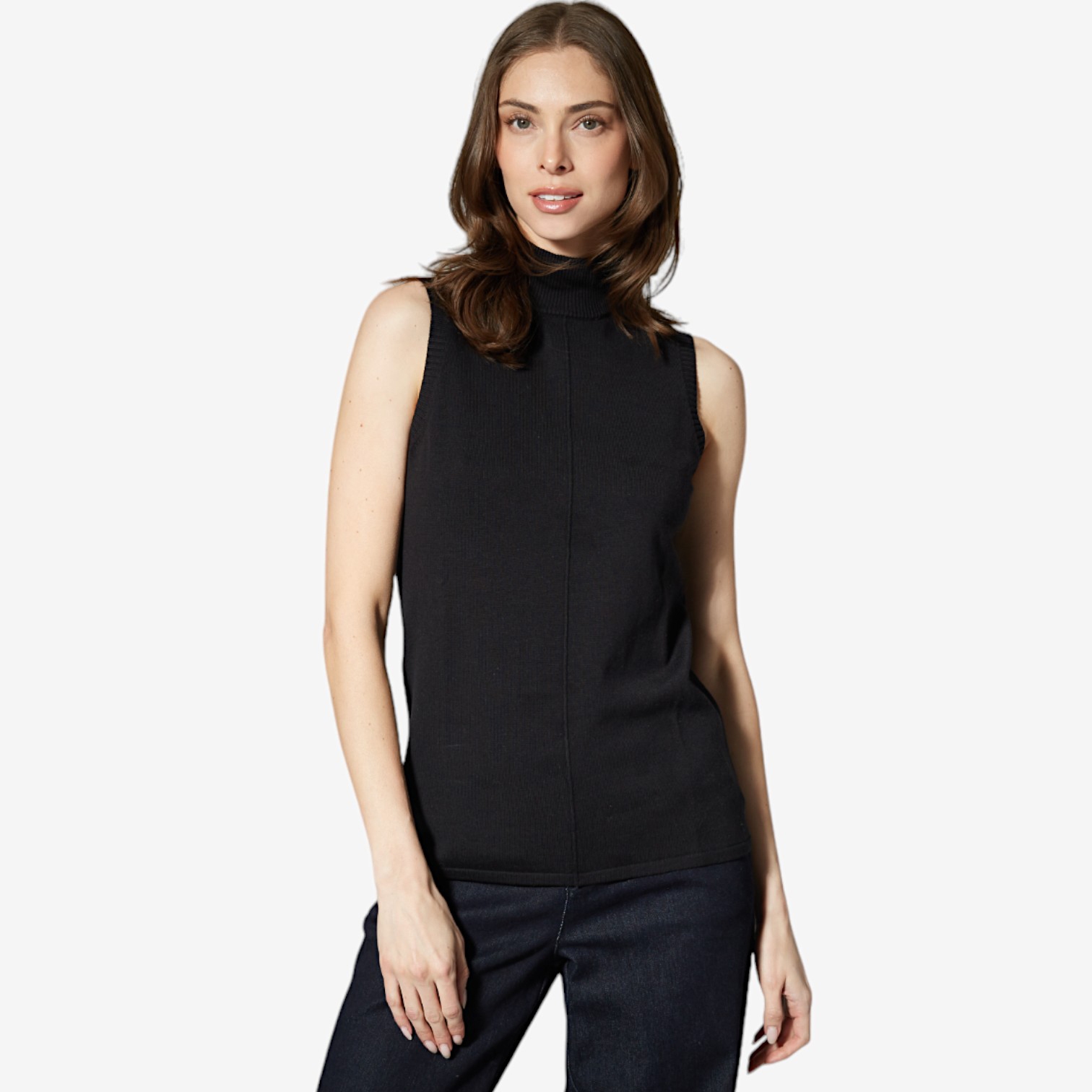 Wynne Style Sleeveless Mock Neck Sweater with Curved Hem - TSC.ca