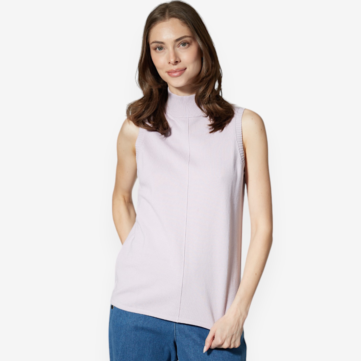 Wynne Style Sleeveless Mock Neck Sweater with Curved Hem - TSC.ca