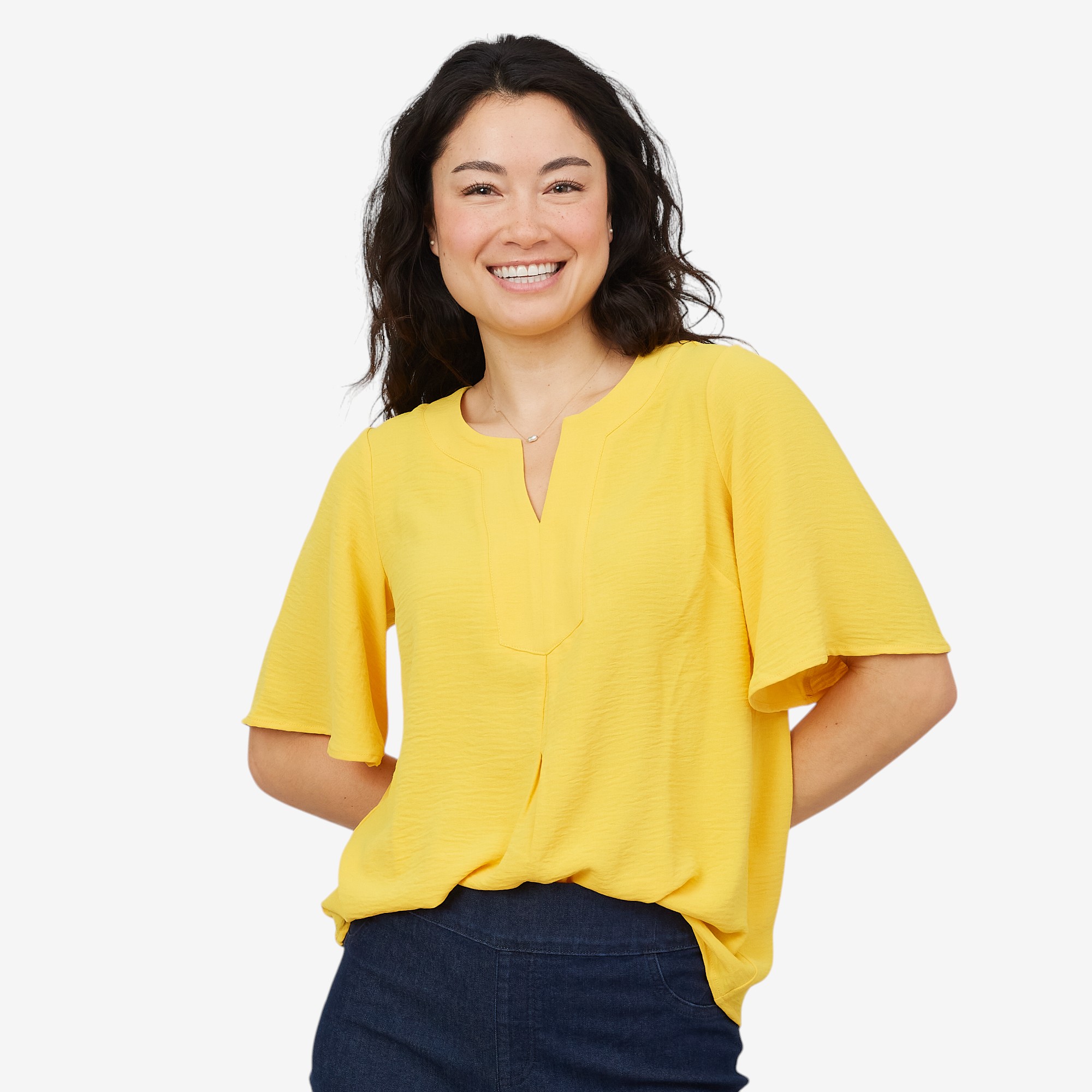 Nina Leonard Textured Weave Top with Flutter High Low Hem - TSC.ca