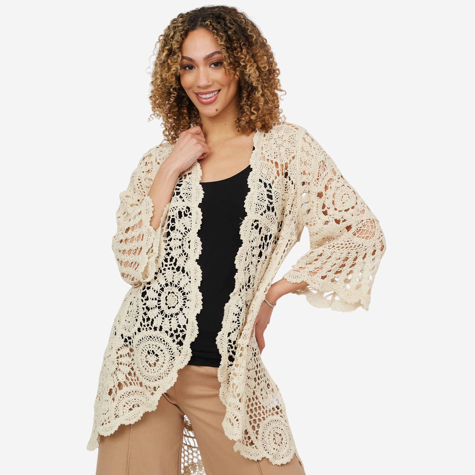 Nina Leonard 3/4 Bell Sleeve High Low Hem Crochet Long Cardigan