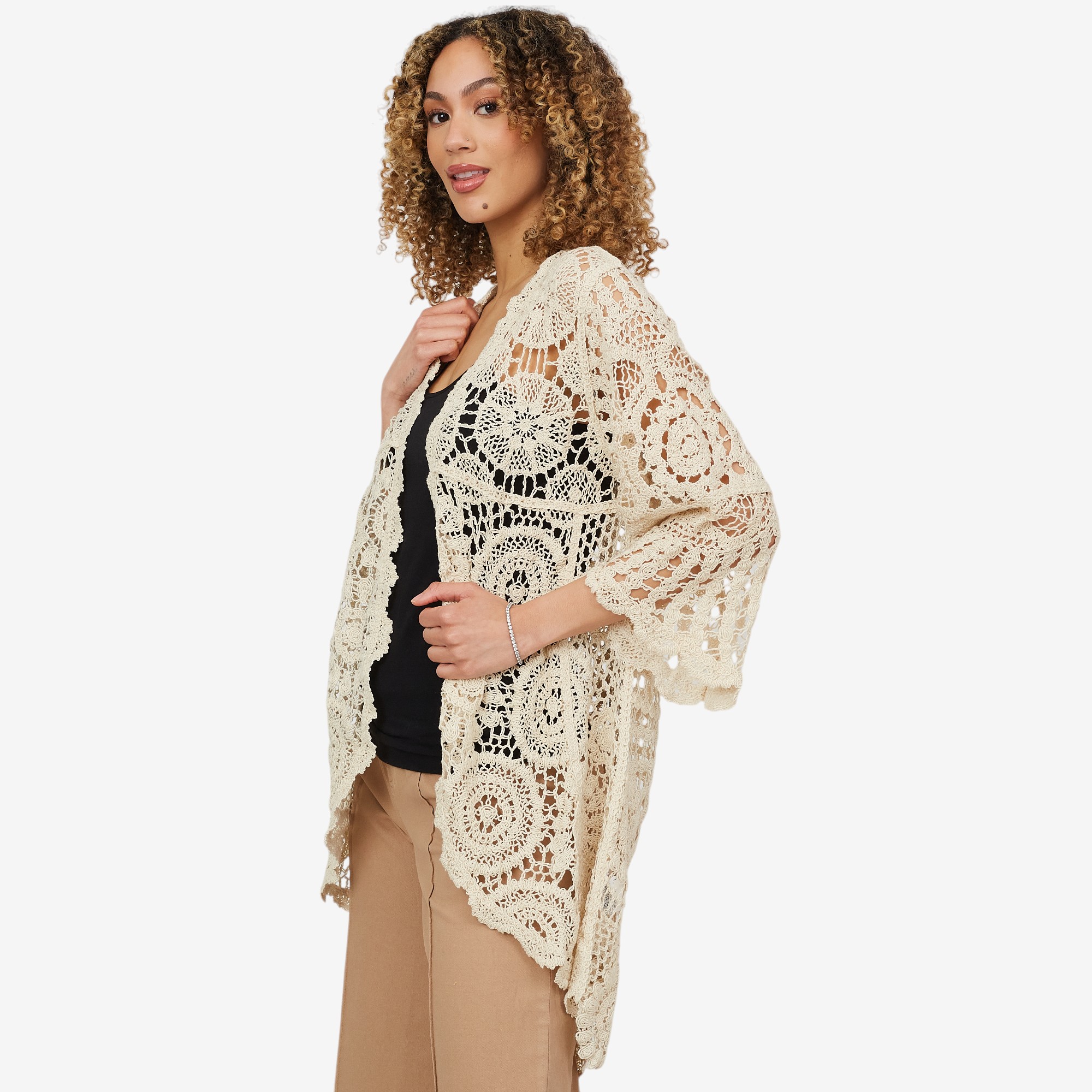 Nina Leonard 3/4 Bell Sleeve High Low Hem Crochet Long Cardigan