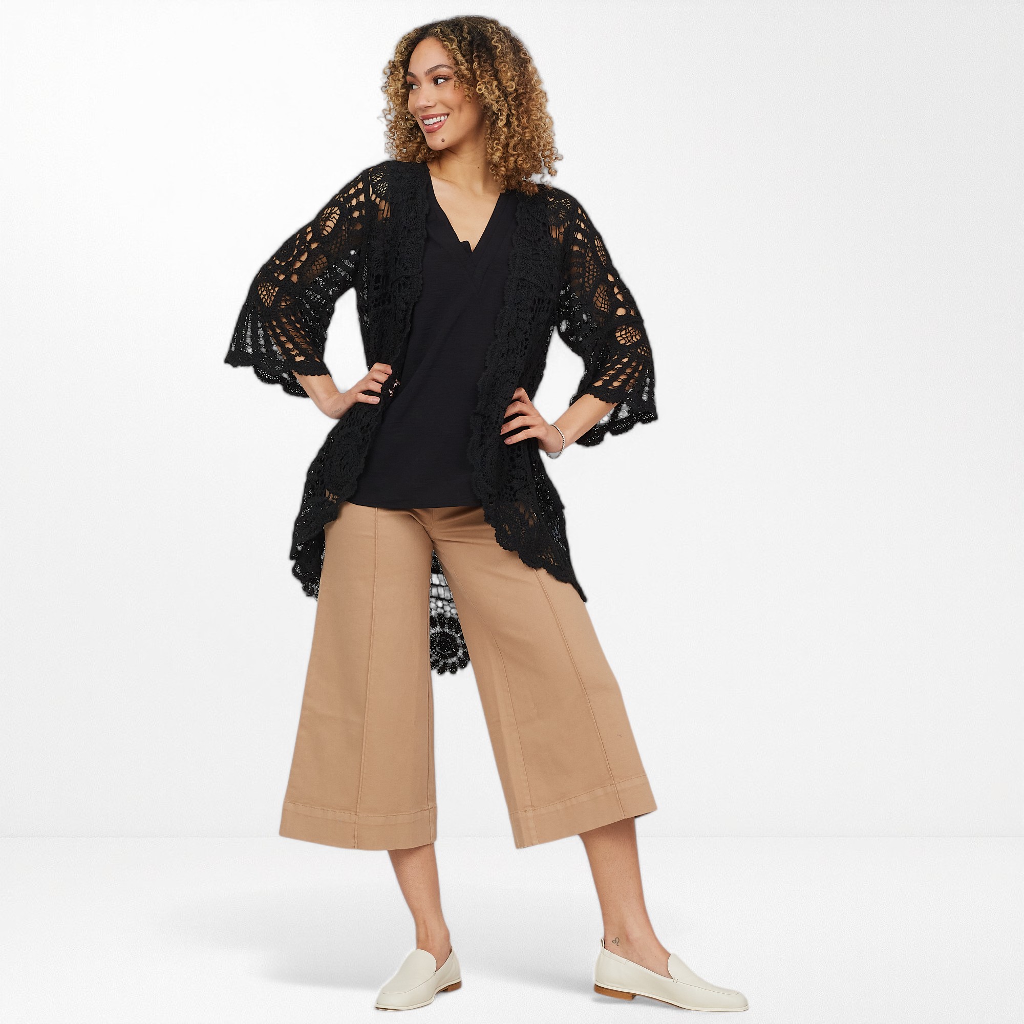 Nina Leonard 3/4 Bell Sleeve High Low Hem Crochet Long Cardigan
