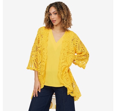 Nina Leonard 3/4 Bell Sleeve High Low Hem Crochet Long Cardigan