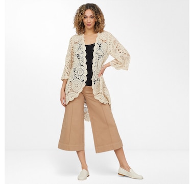 Nina Leonard 3/4 Bell Sleeve High Low Hem Crochet Long Cardigan