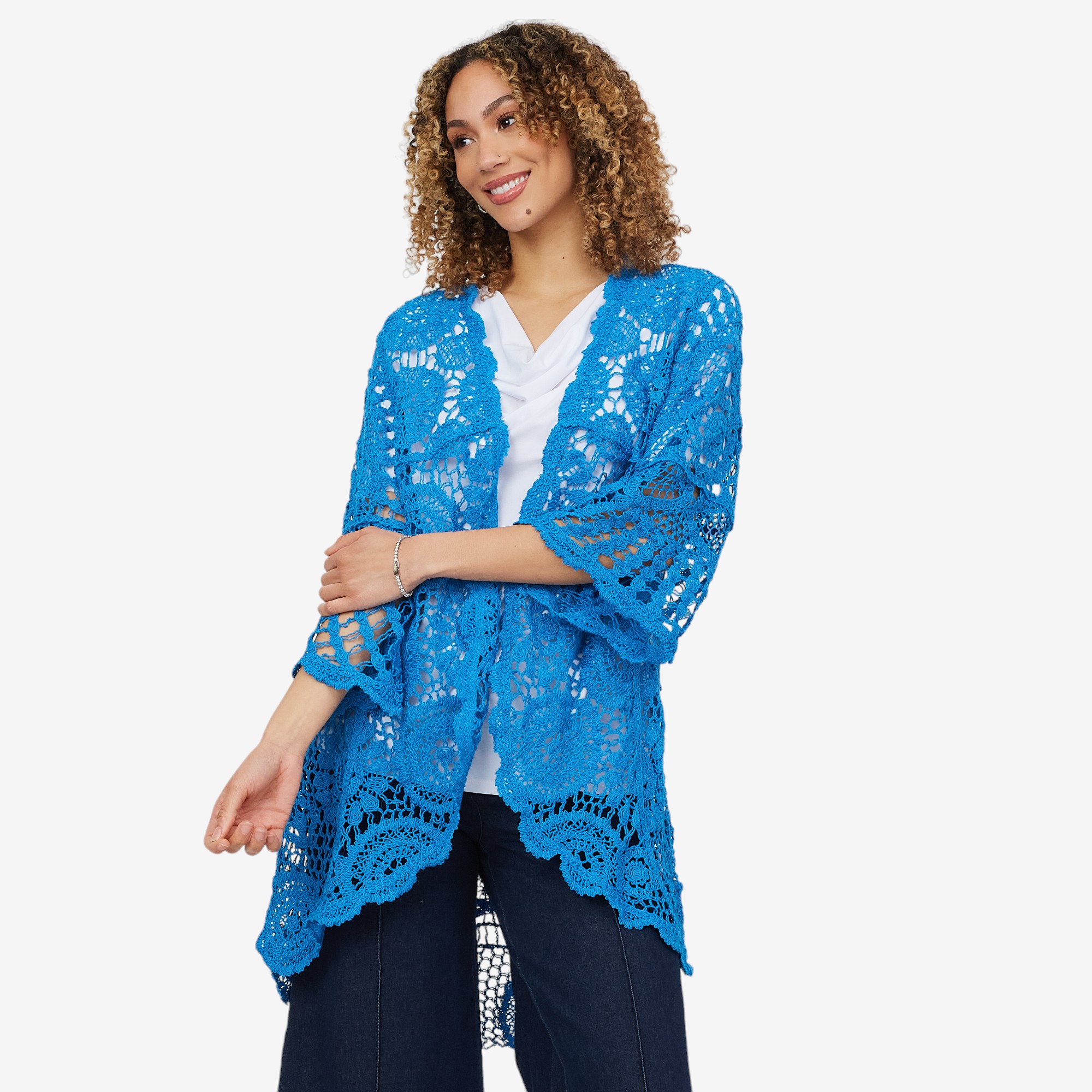 Nina Leonard 3/4 Bell Sleeve High Low Hem Crochet Long Cardigan